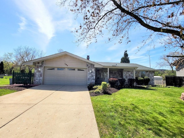 single story home with a garage, fence, a front yard, and stone siding