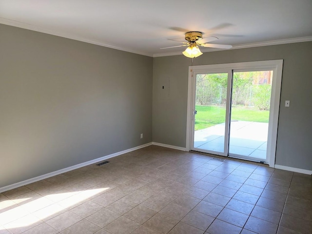 tiled empty room with ceiling fan, visible vents, ornamental molding, and baseboards