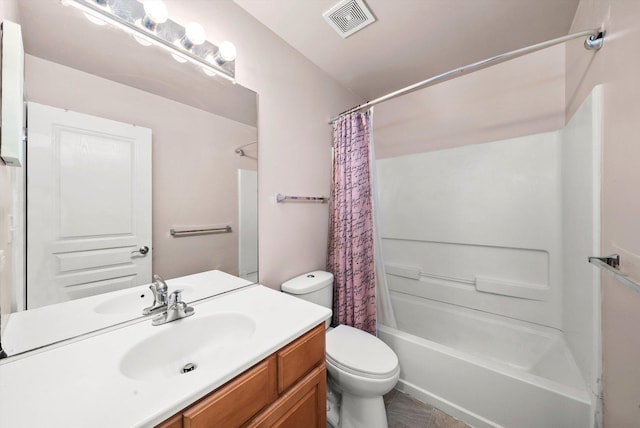 bathroom featuring visible vents, shower / tub combo, toilet, and vanity