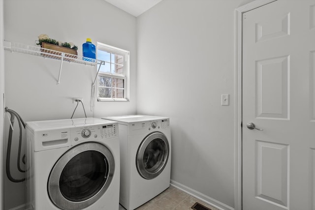 laundry room featuring baseboards, laundry area, and washing machine and dryer