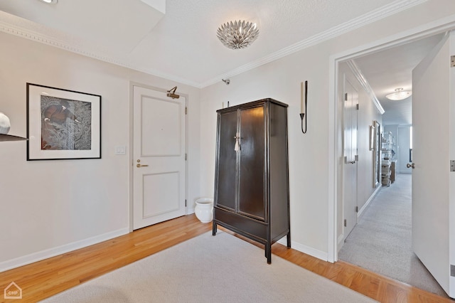 interior space with baseboards, ornamental molding, and light wood finished floors
