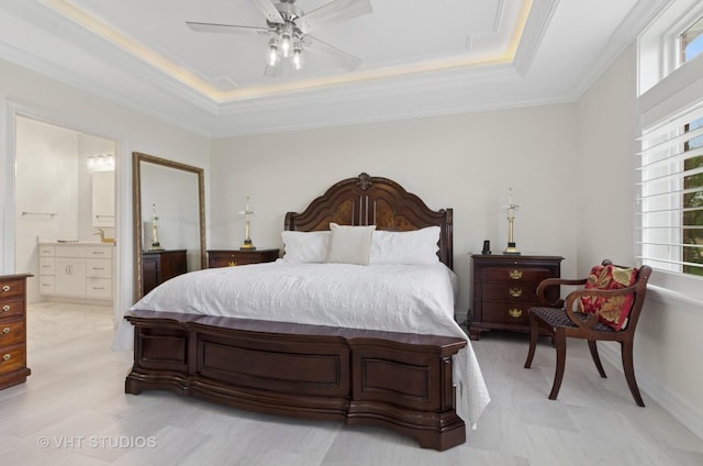 13 Briden Ln Unit 13, Sycamore, IL 60178 - bedroom with a tray ceiling, crown molding, connected bathroom, and ceiling fan
