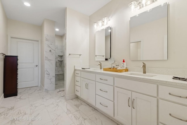 13 Briden Ln Unit 13, Sycamore, IL 60178 - bathroom with marble finish flooring, double vanity, a marble finish shower, baseboards, and recessed lighting