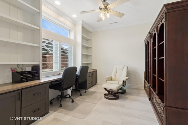 13 Briden Ln Unit 13, Sycamore, IL 60178 - office with crown molding, ceiling fan, baseboards, built in desk, and recessed lighting