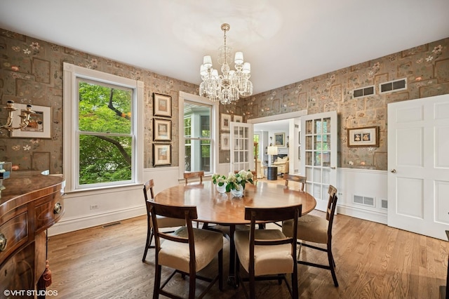 475 Maple St, Winnetka, IL 60093 - dining area with wallpapered walls, a chandelier, wood finished floors, and wainscoting