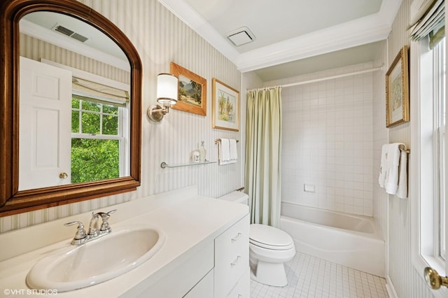 475 Maple St, Winnetka, IL 60093 - full bathroom featuring tile patterned flooring, vanity, shower / bathtub combination with curtain, wallpapered walls, and crown molding