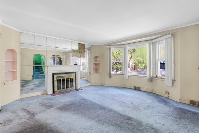 3134 N Mason Ave, Chicago, IL 60634 - unfurnished living room with crown molding, a fireplace with flush hearth, carpet flooring, and baseboards