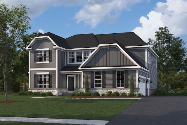 4 Olympia Fields Ct, Hawthorn Woods, IL 60047 - view of front of property featuring board and batten siding, a front lawn, an attached garage, and stone siding