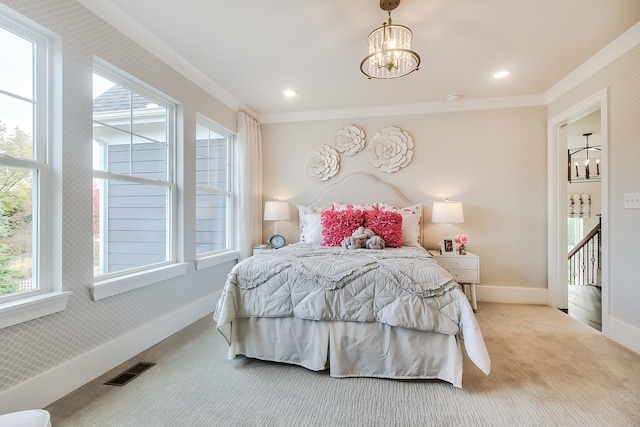 4 Olympia Fields Ct, Hawthorn Woods, IL 60047 - bedroom with a chandelier, carpet, ornamental molding, baseboards, and visible vents