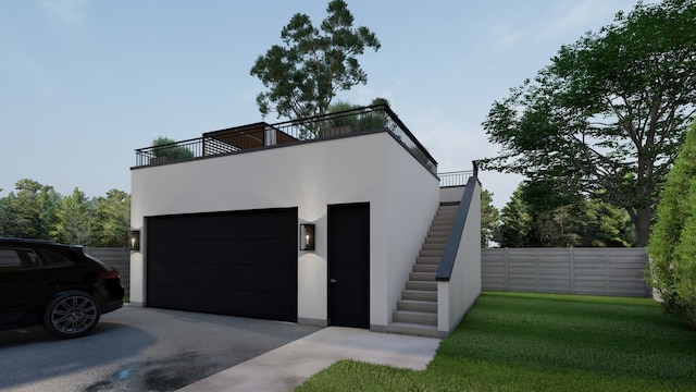 contemporary home featuring stucco siding, a garage, a balcony, a front lawn, and stairs