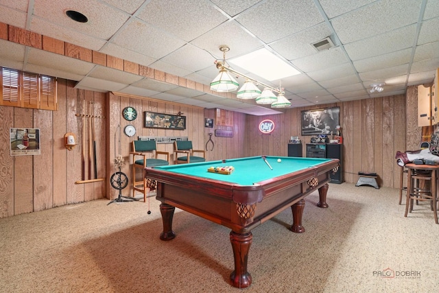 1878 Hackberry Ln, Lake Forest, IL 60045 - rec room with billiards table, a paneled ceiling, wooden walls, and carpet floors