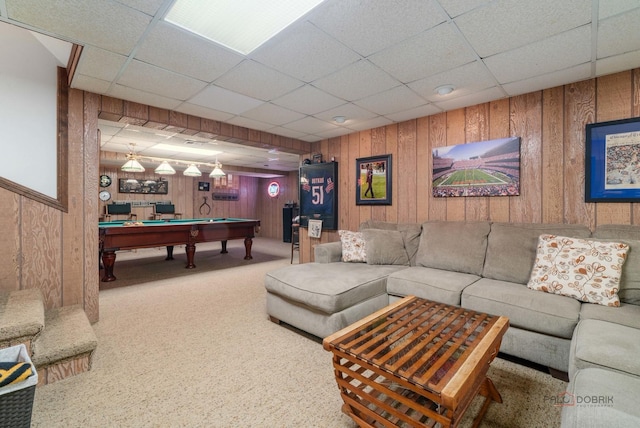 1878 Hackberry Ln, Lake Forest, IL 60045 - carpeted living room featuring wooden walls, billiards, and a paneled ceiling