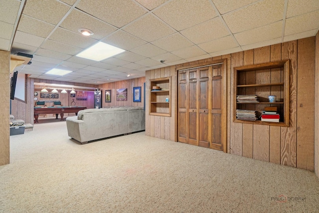 1878 Hackberry Ln, Lake Forest, IL 60045 - living area with wooden walls, carpet floors, built in features, billiards, and a drop ceiling