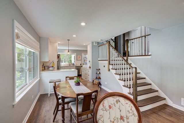 627 Beaver Rd, Glenview, IL 60025 - dining area with stairway, baseboards, recessed lighting, and wood finished floors