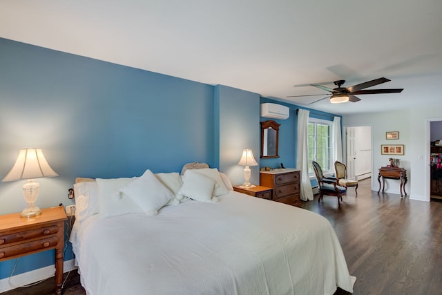 627 Beaver Rd, Glenview, IL 60025 - bedroom with ceiling fan, a wall mounted AC, dark wood-style floors, and baseboard heating
