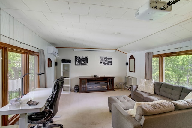 627 Beaver Rd, Glenview, IL 60025 - home office with a wall mounted AC, carpet, and vaulted ceiling