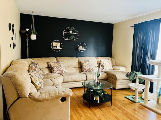 living room featuring an accent wall and light wood-style floors