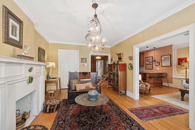 725 Erie St Unit 1D, Oak Park, IL 60302 - living room with a high end fireplace, wood finished floors, ornamental molding, and a chandelier