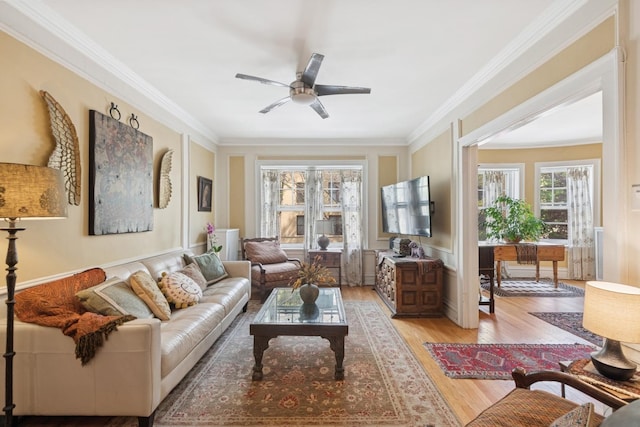 725 Erie St Unit 1D, Oak Park, IL 60302 - living room featuring ornamental molding, a ceiling fan, and wood finished floors