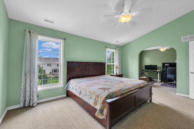 4603 Stonebridge Dr, Champaign, IL 61822 - bedroom featuring lofted ceiling, a ceiling fan, carpet, baseboards, and visible vents