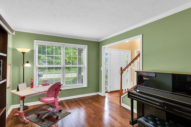 4603 Stonebridge Dr, Champaign, IL 61822 - office space with ornamental molding, a textured ceiling, baseboards, and hardwood / wood-style floors