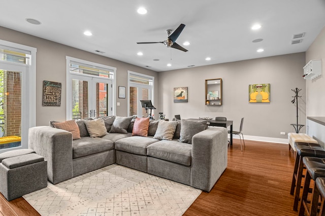 2112 W Belmont Ave Unit 1, Chicago, IL 60618 - living area with visible vents, wood finished floors, baseboards, recessed lighting, and a ceiling fan