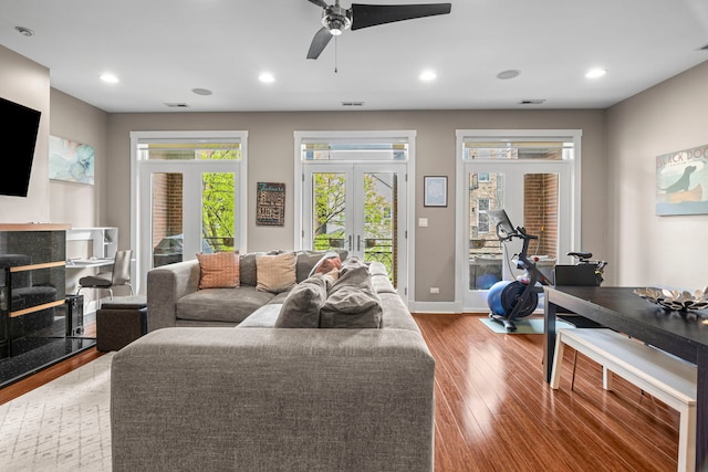 2112 W Belmont Ave Unit 1, Chicago, IL 60618 - living room with ceiling fan, french doors, visible vents, wood finished floors, and recessed lighting
