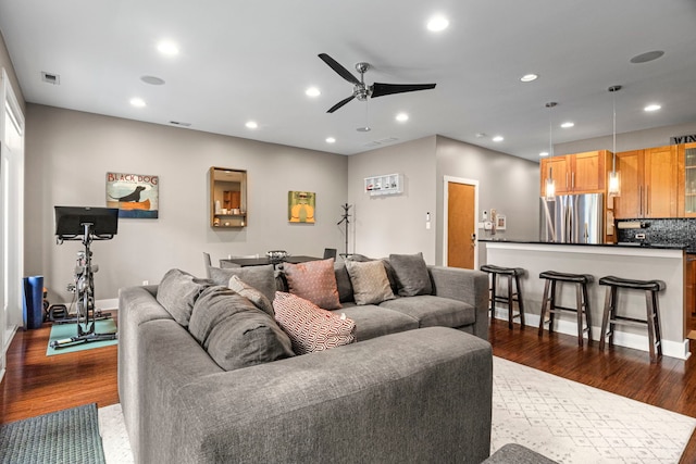 2112 W Belmont Ave Unit 1, Chicago, IL 60618 - living room featuring a ceiling fan, recessed lighting, wood finished floors, and visible vents