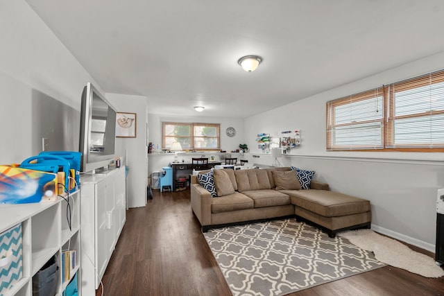 living area with baseboards and wood finished floors