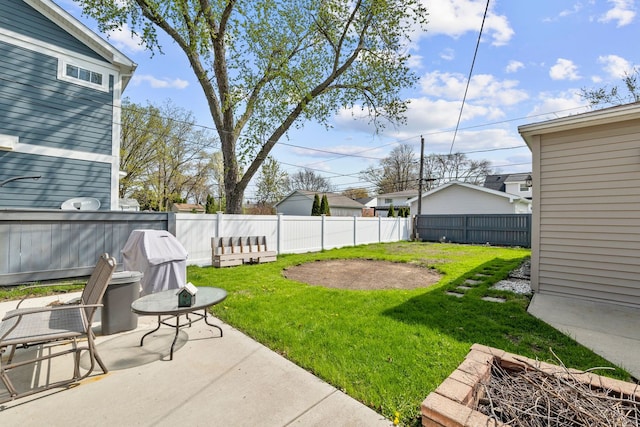 view of yard featuring a patio and a fenced backyard