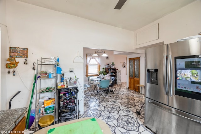 3610 Lombard Ave, Berwyn, IL 60402 - kitchen with stainless steel refrigerator with ice dispenser, white cabinetry, a ceiling fan, light tile patterned flooring, and dark countertops