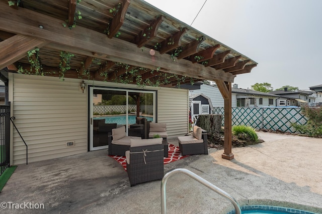 838 S Michigan Ave, Addison, IL 60101 - view of patio featuring a storage shed, an outdoor living space, and a pergola