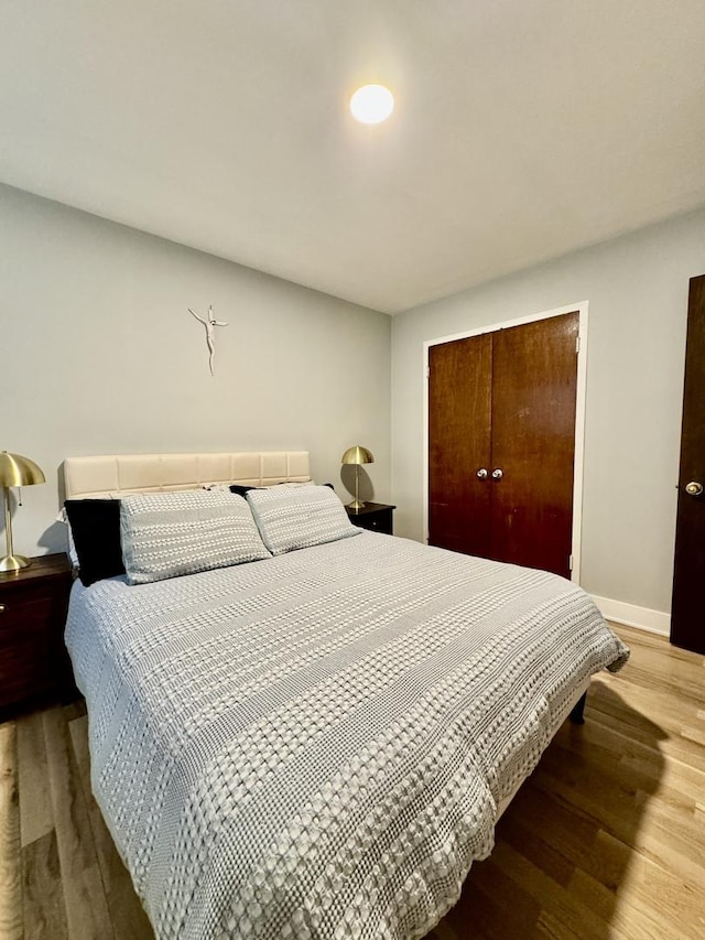 bedroom featuring wood finished floors, baseboards, and a closet