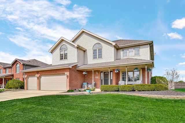 1075 Grand Mesa Ave, New Lenox, IL 60451 - traditional-style house with brick siding, concrete driveway, a front lawn, and a porch