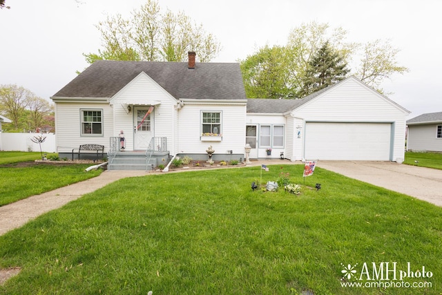 518 N Hartwell St, Gilman, IL 60938 - cape cod-style house with concrete driveway, a chimney, a front yard, and a garage