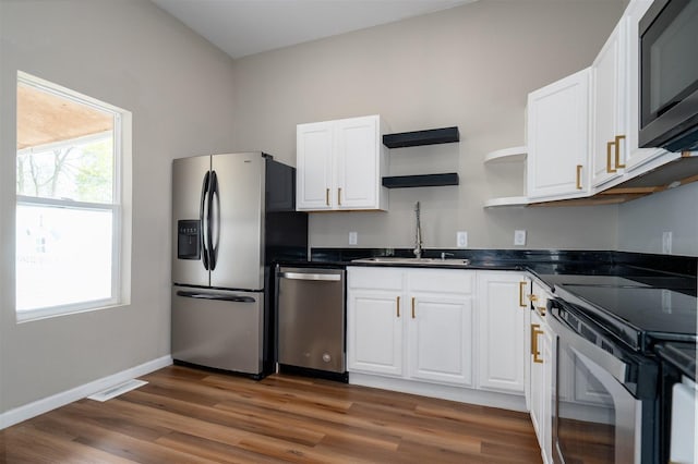 510 E Washington St, Pontiac, IL 61764 - kitchen featuring white cabinetry, a sink, appliances with stainless steel finishes, visible vents, and dark countertops