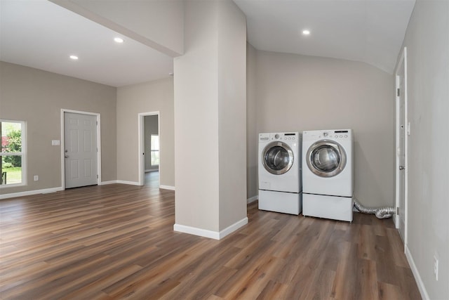 510 E Washington St, Pontiac, IL 61764 - laundry room with recessed lighting, washer and clothes dryer, laundry area, baseboards, and wood finished floors