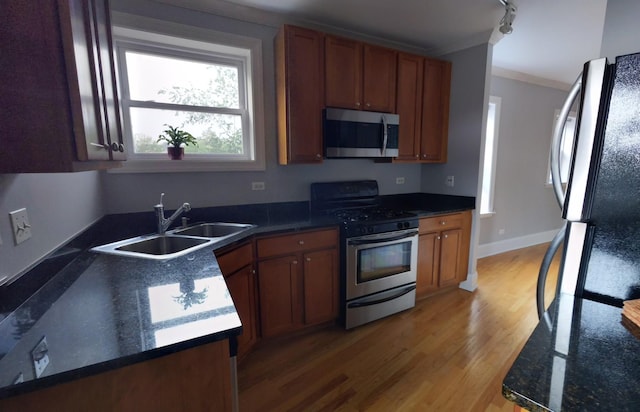 kitchen featuring light wood-style flooring, a sink, appliances with stainless steel finishes, ornamental molding, and rail lighting