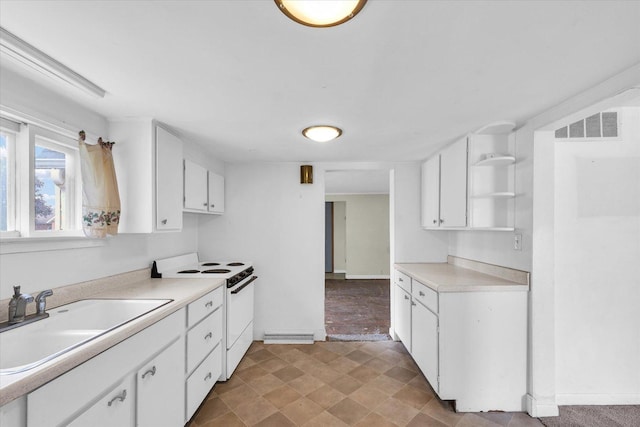 kitchen with visible vents, a sink, white range with electric cooktop, open shelves, and white cabinets