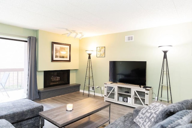 living area featuring visible vents, wood finished floors, a wealth of natural light, and a fireplace