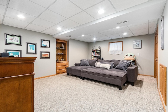 1518 Parkside Dr, Plainfield, IL 60586 - living room featuring a drop ceiling, carpet floors, visible vents, baseboards, and recessed lighting