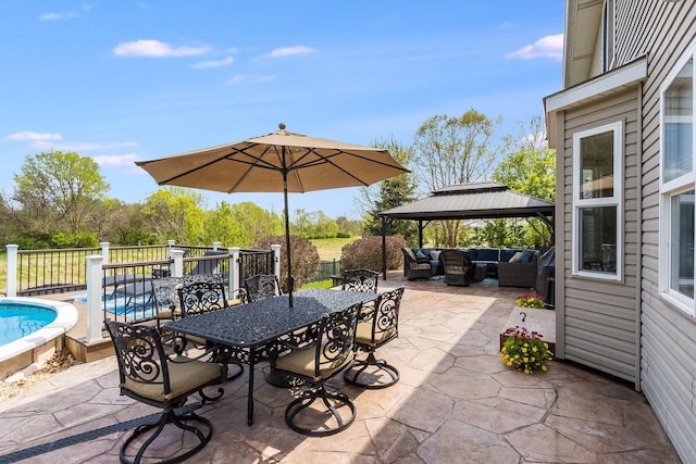 1518 Parkside Dr, Plainfield, IL 60586 - view of patio / terrace with a gazebo, outdoor dining space, a fenced in pool, and outdoor lounge area