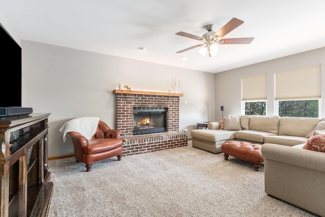 1518 Parkside Dr, Plainfield, IL 60586 - living area with a brick fireplace, carpet floors, and a ceiling fan