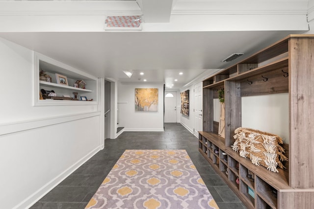mudroom featuring visible vents, recessed lighting, baseboards, and ornamental molding