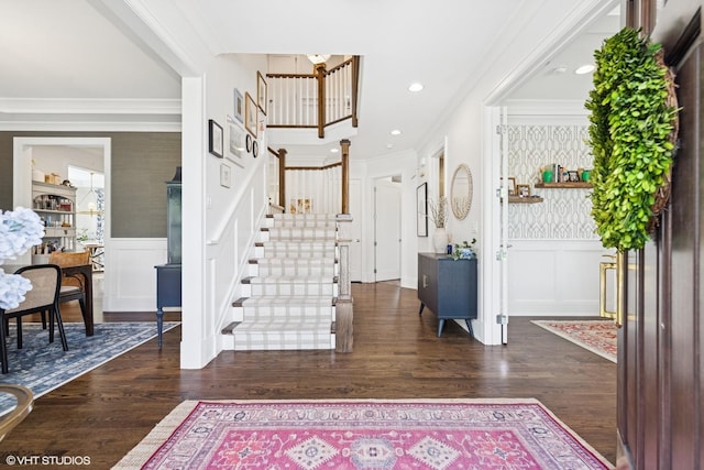 236 W Crescent Ave, Elmhurst, IL 60126 - entryway featuring a decorative wall, stairs, dark wood finished floors, wainscoting, and ornamental molding