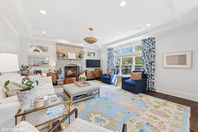 236 W Crescent Ave, Elmhurst, IL 60126 - living area with wood finished floors, a fireplace, baseboards, recessed lighting, and ornamental molding