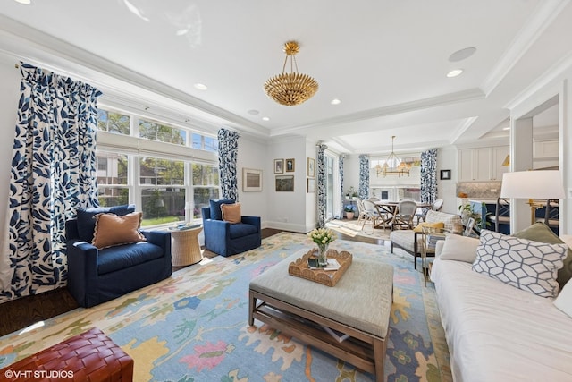 236 W Crescent Ave, Elmhurst, IL 60126 - living area with a chandelier, crown molding, baseboards, and recessed lighting