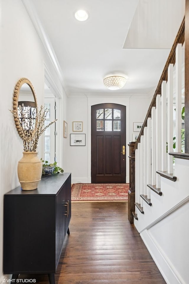 236 W Crescent Ave, Elmhurst, IL 60126 - entryway with stairway, ornamental molding, dark wood-style flooring, baseboards, and recessed lighting
