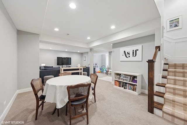 236 W Crescent Ave, Elmhurst, IL 60126 - dining space featuring light colored carpet, stairs, recessed lighting, and baseboards