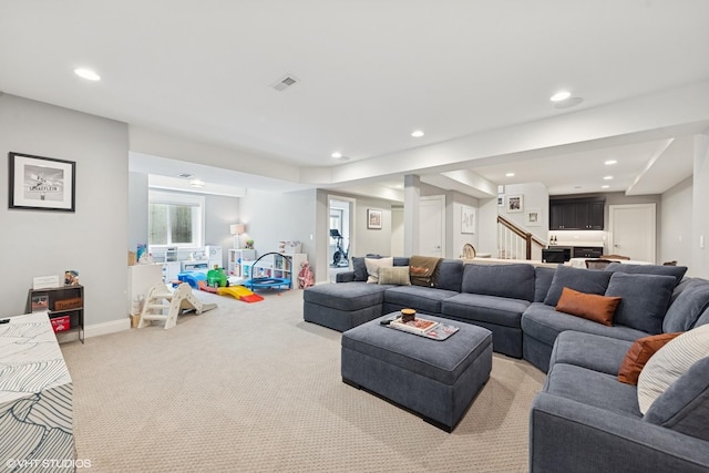 236 W Crescent Ave, Elmhurst, IL 60126 - living room with light colored carpet, recessed lighting, and baseboards